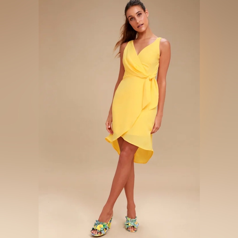 Lulu’s Sleeveless Baldwin Yellow High-Low Wrap Midi Dress ZB6